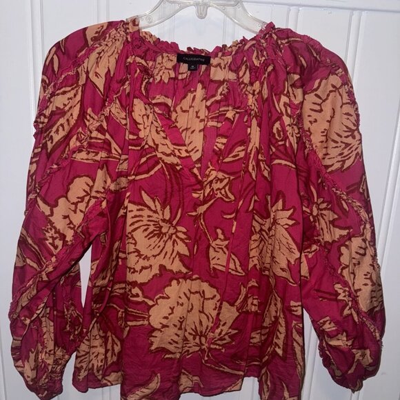 Calligraphie Tops - Pink & Orange Floral Blouse by Calligraphie - Size Medium